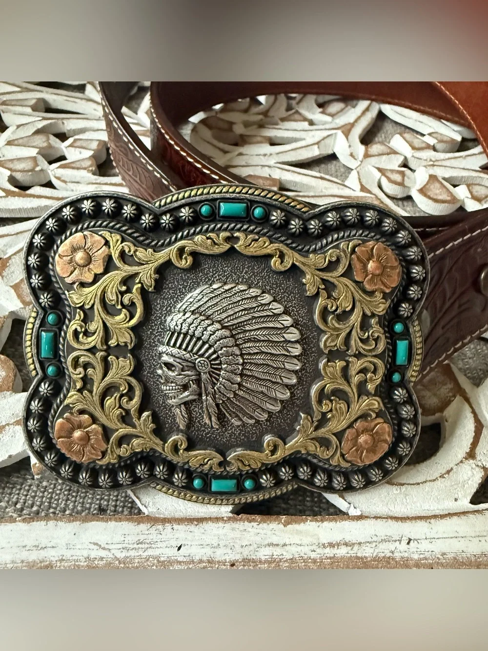 Nocona Brown Leather Belt with Ornate Turquoise-Accented Buckle Vintage 38